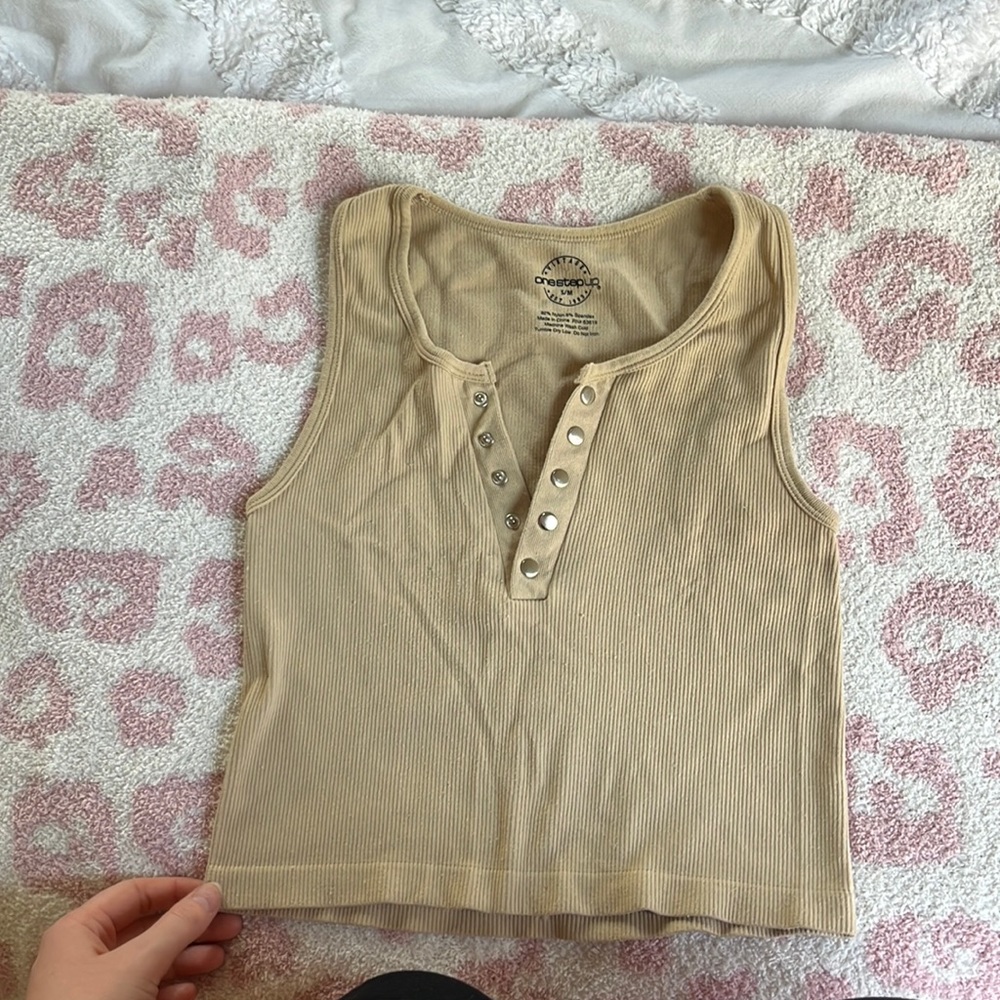 beige button front tank